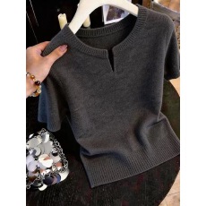 批发复古通勤风短袖女夏修身V领设计感灰色套头夏季针织简约上衣服