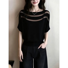 批发法式设计感网纱拼接<b class='q'>针织衫</b>女2026夏新款短袖黑色透薄宽松减龄上衣