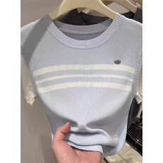 批发简约条纹圆领冰丝短袖女夏季新款气质韩系小衫修身款上衣