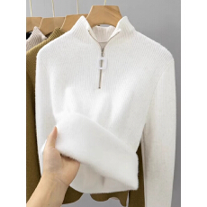 批发加绒加厚打底衫女秋冬内搭一体绒毛衣洋气拉链针织衫半高领上衣
