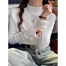 批发白色加绒打底衫女秋冬季内搭毛衣加厚保暖一体绒木耳边半高领上衣