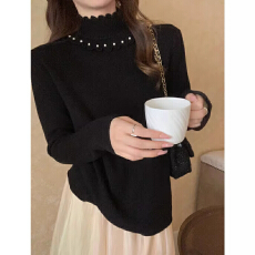 批发杏色加绒半高领针织衫软糯毛衣女秋冬季高级感一体绒打底内搭上衣