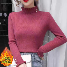 批发加绒一体绒纯色女士毛衣秋冬新款加厚保暖木耳边半高领打底衫内搭