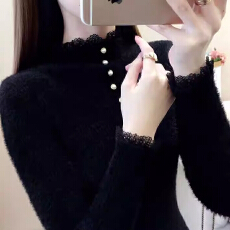 批发水<b class='q'>貂绒</b>女士毛衣2025春秋款半高领蕾丝设计针织衫修身冬打底衫上衣