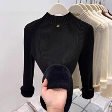批发自留款推荐~加绒加厚半高领打底衫毛衣女<b class='q'>秋冬</b>季内搭一体绒针织衫