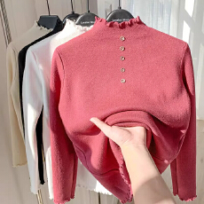 批发一体绒加绒加厚毛衣女装<b class='q'>秋冬</b>木耳边上衣半高领保暖打底衫大衣内搭