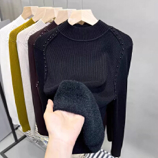 批发2026秋冬新款钉珠针织衫内搭厚上衣加绒半高领毛衣女一体绒打底衫