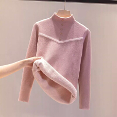 批发一体绒半高领软糯内搭毛衣女秋冬加绒水貂绒保暖针织打底衫上衣厚