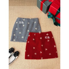 批发新款灰色蝴蝶结毛呢半身裙女冬季别致减龄显瘦刺绣红色A字裙短裙