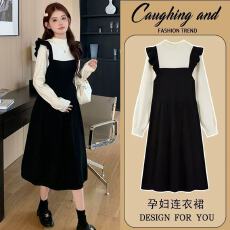 批发孕妇<b class='q'>春</b>装连衣裙2025新款小飞袖针织长裙秋冬款大码假两件<b class='q'>春</b>秋裙孕