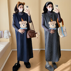 批发实拍2026秋冬新款孕妇韩版刺绣卡通小熊毛衣背心裙＋打底套装