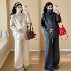 批发实拍新品~孕妇秋冬软糯亲肤拉链时尚立领毛衣休闲阔腿裤宽松套装