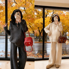 批发实拍新品~孕妇秋冬软糯亲肤拉链时尚立领毛衣休闲阔腿裤宽松套装