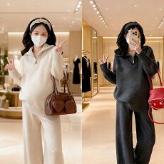 批发实拍新品~孕妇秋冬软糯亲肤拉链时尚立领毛衣休闲阔腿裤宽松套装