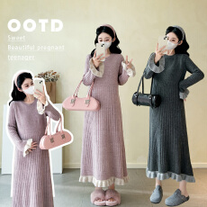 批发实拍~秋冬新款毛衣针织孕妇连衣裙花边坑条撞色宽松打底裙