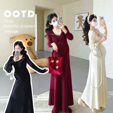 批发实拍秋冬新款孕妇韩版新款显瘦气质针织钉珠连衣裙孕妇拜年连衣裙