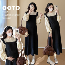 批发孕妇春装连衣裙2026新款小飞袖针织长裙秋冬款大码假两件春秋裙孕