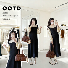 孕妇春装连衣裙2026新款小飞袖针织长裙秋冬款大码假两件春秋裙孕