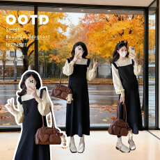 孕妇春装连衣裙2026新款小飞袖针织长裙秋冬款大码假两件春秋裙孕