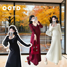 批发实拍秋冬新款孕妇韩版新款显瘦气质针织钉珠连衣裙孕妇拜年连衣裙