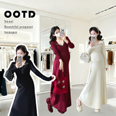 批发实拍新款显瘦气质针织钉珠连衣裙孕妇装