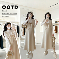 批发实拍秋冬新款孕妇韩版设计感蝴蝶结针织毛衣背心裙半高领打底套装