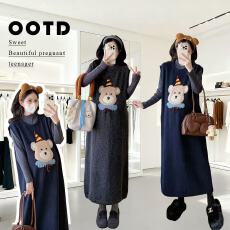 批发实拍2026秋冬新款孕妇<b class='q'>韩版</b>刺绣卡通小熊毛衣背心裙＋打底套装