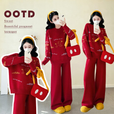 批发孕妇红色针织毛衣衫冬季新款孕妇拜年服喜庆软糯孕妇套装