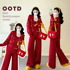 批发孕妇红色针织毛衣衫冬季新款孕妇拜年服喜庆软糯孕妇套装