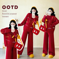 批发孕妇红色针织毛衣衫冬季新款孕妇拜年服喜庆软糯孕妇套装
