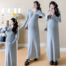 批发孕妇高级感千金风A字荷叶边修身针织连衣裙女2026<b class='q'>春</b>季孕妇连衣裙