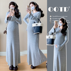 批发孕妇高级感千金风A字荷叶边修身针织连衣裙女2026<b class='q'>春</b>季孕妇连衣裙