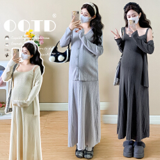 批发实拍新款2026<b class='q'>春</b>季新孕妇镂空坑条针织开衫吊带裙气质韩版两件套