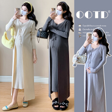 批发实拍2026春季新款假两件圆领针织设计感系带坑条减龄遮肚连衣裙