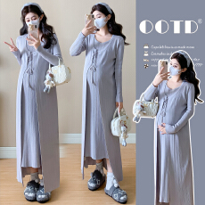 批发实拍2026春季新款假两件圆领针织设计感系带坑条减龄遮肚连衣裙