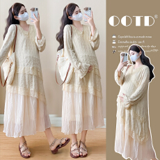 批发实拍孕妇装重工提花压褶连衣裙女<b class='q'>秋</b>冬长袖蕾丝长裙内搭设计感