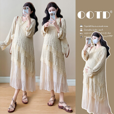 批发实拍孕妇装重工提花压褶连衣裙女<b class='q'>秋</b>冬长袖蕾丝长裙内搭设计感