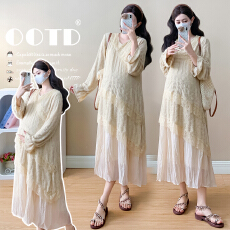 批发实拍孕妇装重工提花压褶连衣裙女<b class='q'>秋</b>冬长袖蕾丝长裙内搭设计感