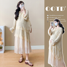 批发实拍孕妇装重工提花压褶连衣裙女<b class='q'>秋</b>冬长袖蕾丝长裙内搭设计感