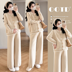 秋冬新品~现~实拍孕妇秋冬装开衫圆领上衣+针织托腹裤裤子套装