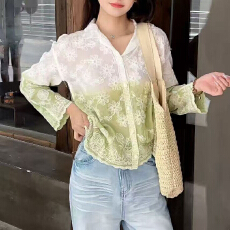 批发欧美风春夏秋新款渐变色衬衫外套女重工宽松衬衣女衬衣领女装