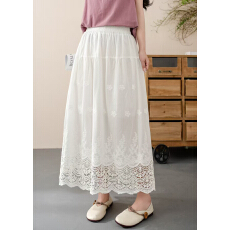 批发文艺简约森系镂空刺绣纯色半身裙女 春夏新款A字裙 纯棉宽松长裙