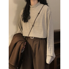 批发适合品质店铺/德绒保暖休闲百搭条纹打底衫内搭立领长袖T恤上衣