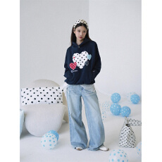 批发原版皮质刺绣/适合品质店/实价爱心波点连帽加绒卫衣宽松套头上衣