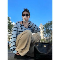 批发原版1:1，前后双面纽扣/蓝色条纹毛衣女宽松休闲针织衫