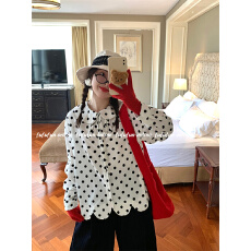 批发走线工整/直播品质/灯芯绒<b class='q'>衬衣</b>娃娃领蝴蝶绑带<b class='q'>波点</b>下摆花瓣<b class='q'>衬衫</b>