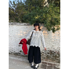 批发走线工整/直播品质/灯芯绒衬衣娃娃领蝴蝶绑带波点下摆花瓣衬衫