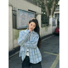 原版细节1：1/适合品质店铺/两个色深浅蓝色格子衬衫古巴领