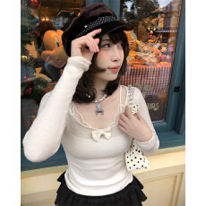 批发原版1:1/“柔欲陷阱”纯欲蝴蝶结蕾丝肩带假两件上衣女甜美内搭