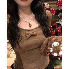 批发原版1:1/“柔欲陷阱”纯欲蝴蝶结蕾丝肩带假两件上衣女甜美内搭